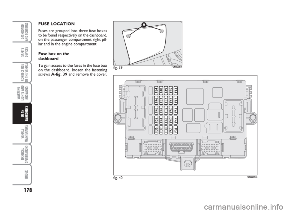 FIAT DUCATO 2009 3.G Owners Manual 178
WARNING
LIGHTS AND
MESSAGES
VEHICLE
MAINTENANCE
TECHNICAL
SPECIFICATIONS
IINDEX
DASHBOARD
AND CONTROLS
SAFETY
DEVICES
CORRECT USE
OF THE 
VEHICLE
IN AN
EMERGENCY
FUSE LOCATION
Fuses are grouped in