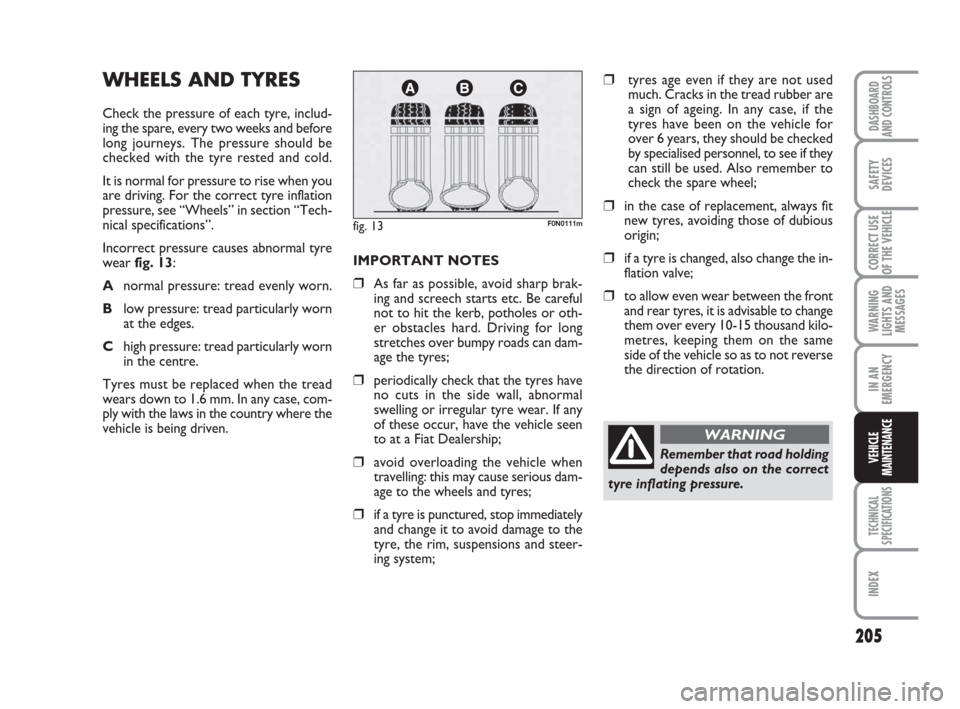 FIAT DUCATO 2009 3.G Owners Manual 205
WARNING
LIGHTS AND
MESSAGES
TECHNICAL
SPECIFICATIONS
INDEX
DASHBOARD
AND CONTROLS
SAFETY
DEVICES
CORRECT USE
OF THE VEHICLE
IN AN
EMERGENCY
VEHICLE
MAINTENANCE
WHEELS AND TYRES
Check the pressure 