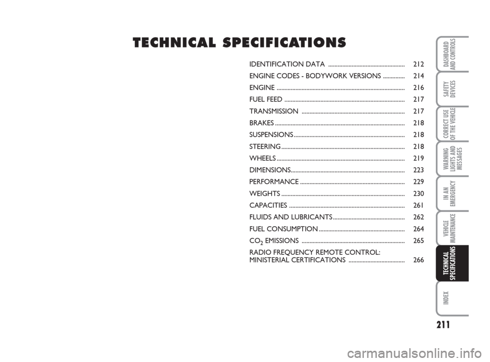 FIAT DUCATO 2009 3.G Owners Manual 211
WARNING
LIGHTS AND
MESSAGES
INDEX
DASHBOARD
AND CONTROLS
SAFETY
DEVICES
CORRECT USE
OF THE 
VEHICLE
IN AN
EMERGENCY
VEHICLE
MAINTENANCE
TECHNICAL
SPECIFICATIONS
IDENTIFICATION DATA ...............