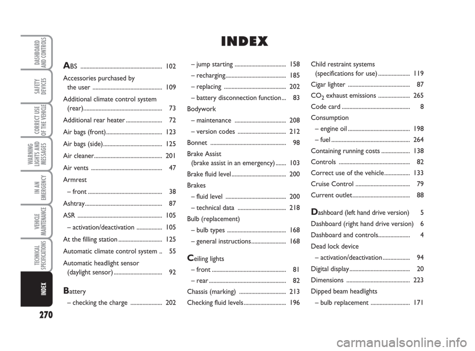 FIAT DUCATO 2009 3.G Owners Manual 270
WARNING
LIGHTS AND
MESSAGES
DASHBOARD
AND CONTROLS
SAFETY
DEVICES
CORRECT USE
OF THE 
VEHICLE
IN AN
EMERGENCY
VEHICLE
MAINTENANCE
TECHNICAL
SPECIFICATIONS
INDEX
– jump starting .................