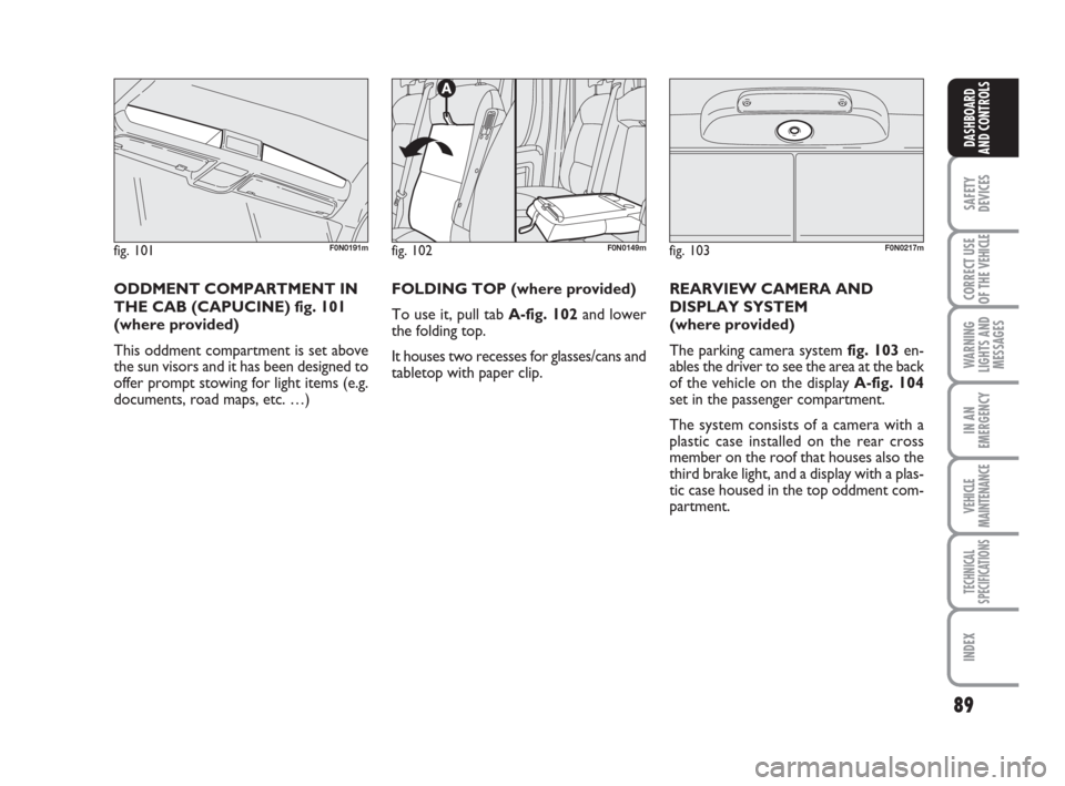 FIAT DUCATO 2009 3.G Owners Manual 89
SAFETY
DEVICES
CORRECT USE
OF THE 
VEHICLE
WARNING
LIGHTS AND
MESSAGES
IN AN
EMERGENCY
VEHICLE
MAINTENANCE
TECHNICAL
SPECIFICATIONS
INDEX
DASHBOARD
AND CONTROLS
fig. 102F0N0149m
FOLDING TOP (where 