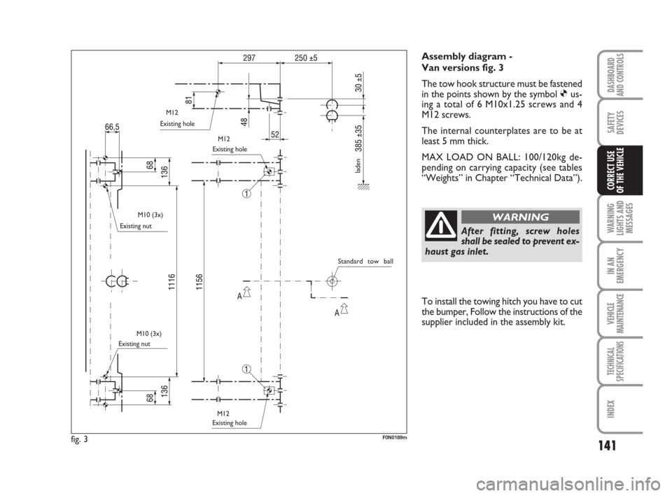 FIAT DUCATO 2007 3.G Owners Manual 141
WARNING
LIGHTS AND
MESSAGES
IN AN
EMERGENCY
VEHICLE
MAINTENANCE
TECHNICAL
SPECIFICATIONS
INDEX
DASHBOARD
AND CONTROLS
SAFETY
DEVICES
CORRECT USE 
OF THE VEHICLE
Assembly diagram - 
Van versions fi