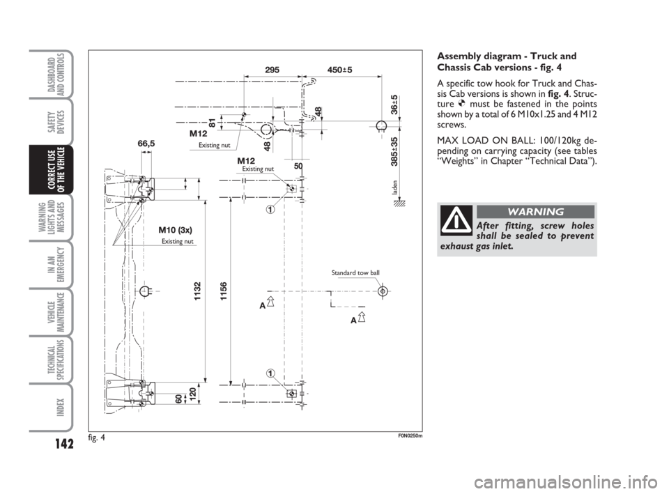 FIAT DUCATO 2007 3.G Owners Manual 142
WARNING
LIGHTS AND
MESSAGES
IN AN
EMERGENCY
VEHICLE
MAINTENANCE
TECHNICAL
SPECIFICATIONS
INDEX
DASHBOARD
AND CONTROLS
SAFETY
DEVICES
CORRECT USE
OF THE VEHICLE
fig. 4F0N0250m
Assembly diagram - T FIAT DUCATO 2007 3.G Owners Manual 142
WARNING
LIGHTS AND
MESSAGES
IN AN
EMERGENCY
VEHICLE
MAINTENANCE
TECHNICAL
SPECIFICATIONS
INDEX
DASHBOARD
AND CONTROLS
SAFETY
DEVICES
CORRECT USE
OF THE VEHICLE
fig. 4F0N0250m
Assembly diagram - T