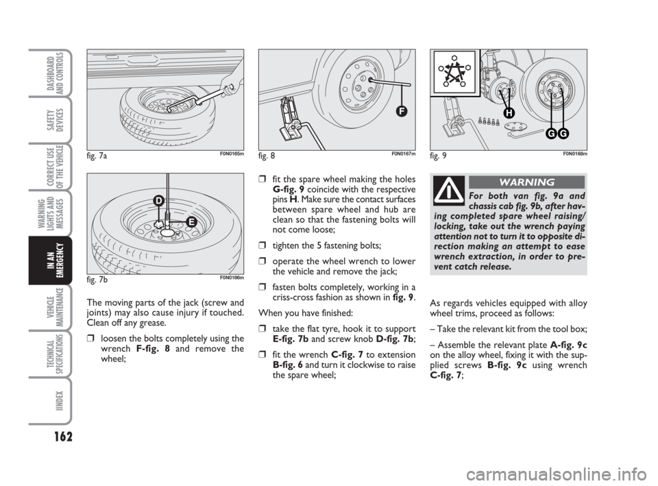FIAT DUCATO 2007 3.G Owners Manual 162
WARNING
LIGHTS AND
MESSAGES
VEHICLE
MAINTENANCE
TECHNICAL
SPECIFICATIONS
IINDEX
DASHBOARD
AND CONTROLS
SAFETY
DEVICES
CORRECT USE
OF THE 
VEHICLE
IN AN
EMERGENCY
❒fit the spare wheel making the 