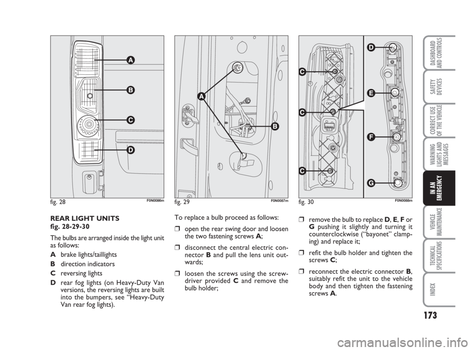 FIAT DUCATO 2007 3.G Owners Manual 173
WARNING
LIGHTS AND
MESSAGES
VEHICLE
MAINTENANCE
TECHNICAL
SPECIFICATIONS
INDEX
DASHBOARD
AND CONTROLS
SAFETY
DEVICES
CORRECT USE
OF THE 
VEHICLE
IN AN
EMERGENCY
REAR LIGHT UNITS 
fig. 28-29-30
The