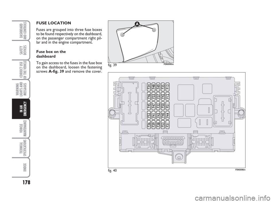 FIAT DUCATO 2007 3.G Owners Manual 178
WARNING
LIGHTS AND
MESSAGES
VEHICLE
MAINTENANCE
TECHNICAL
SPECIFICATIONS
IINDEX
DASHBOARD
AND CONTROLS
SAFETY
DEVICES
CORRECT USE
OF THE 
VEHICLE
IN AN
EMERGENCY
FUSE LOCATION
Fuses are grouped in