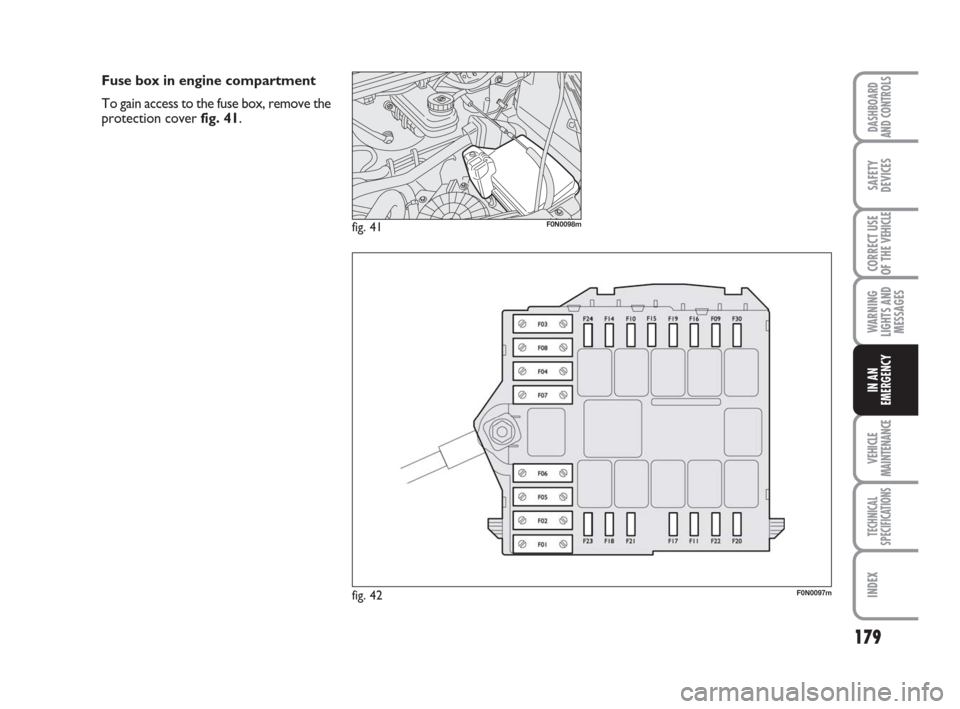 FIAT DUCATO 2007 3.G Owners Manual 179
WARNING
LIGHTS AND
MESSAGES
VEHICLE
MAINTENANCE
TECHNICAL
SPECIFICATIONS
INDEX
DASHBOARD
AND CONTROLS
SAFETY
DEVICES
CORRECT USE
OF THE 
VEHICLE
IN AN
EMERGENCY
fig. 42F0N0097m
fig. 41F0N0098m
Fus