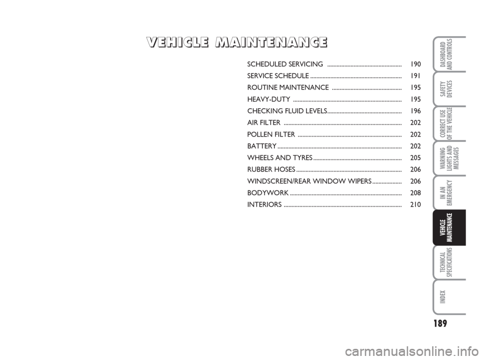 FIAT DUCATO 2007 3.G Owners Manual 189
WARNING
LIGHTS AND
MESSAGES
TECHNICAL
SPECIFICATIONS
INDEX
DASHBOARD
AND CONTROLS
SAFETY
DEVICES
CORRECT USE
OF THE VEHICLE
IN AN
EMERGENCY
VEHICLE
MAINTENANCE
SCHEDULED SERVICING ............... FIAT DUCATO 2007 3.G Owners Manual 189
WARNING
LIGHTS AND
MESSAGES
TECHNICAL
SPECIFICATIONS
INDEX
DASHBOARD
AND CONTROLS
SAFETY
DEVICES
CORRECT USE
OF THE VEHICLE
IN AN
EMERGENCY
VEHICLE
MAINTENANCE
SCHEDULED SERVICING ...............
