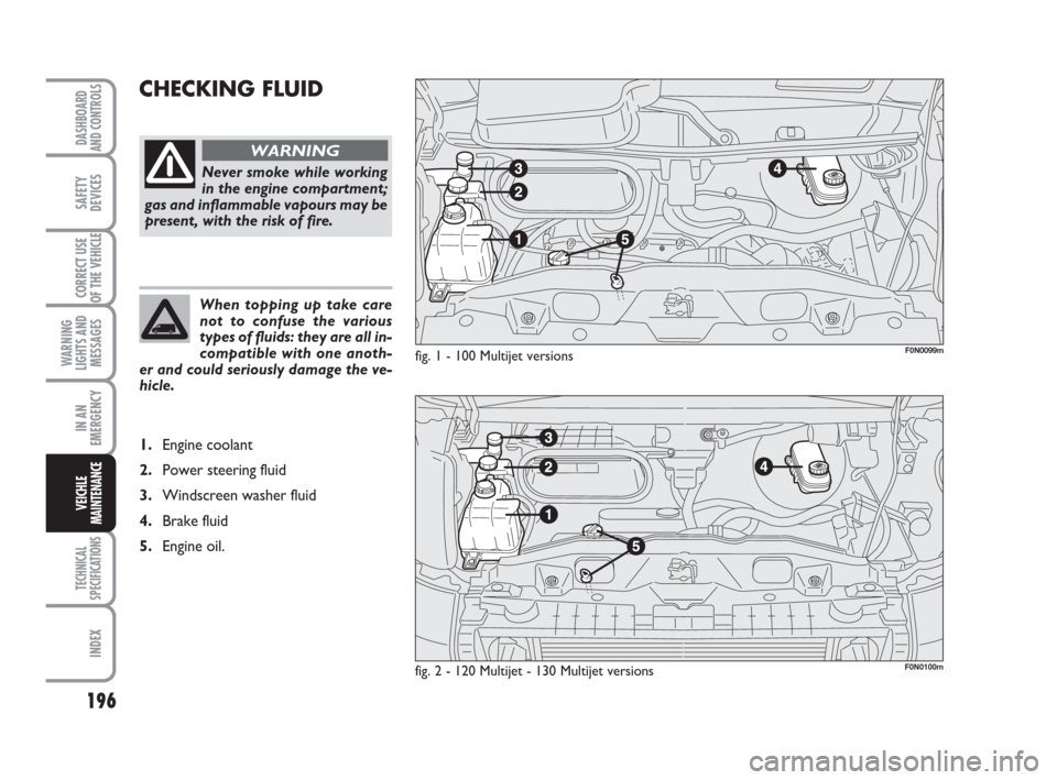 FIAT DUCATO 2007 3.G Owners Manual 196
WARNING
LIGHTS AND
MESSAGES
TECHNICAL
SPECIFICATIONS
INDEX
DASHBOARD
AND CONTROLS
SAFETY
DEVICES
CORRECT USE
OF THE VEHICLE
IN AN
EMERGENCY
VEICHLE
MAINTENANCE
CHECKING FLUID 
fig. 1 - 100 Multije