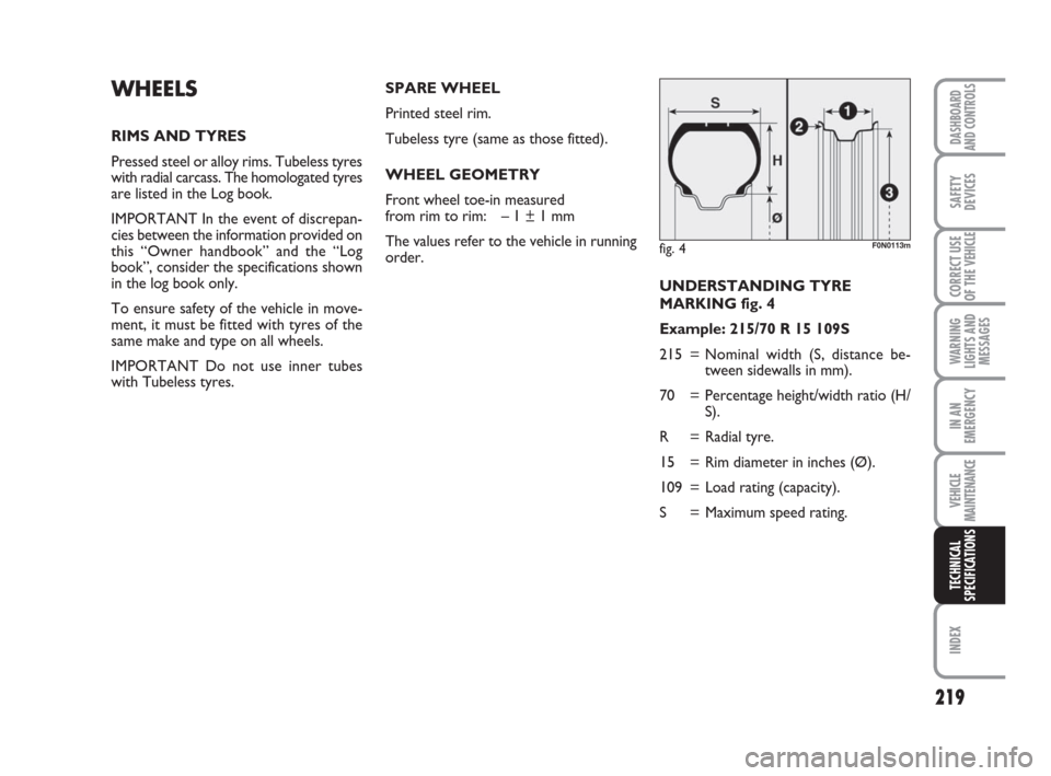 FIAT DUCATO 2007 3.G Owners Manual 219
WARNING
LIGHTS AND
MESSAGES
INDEX
DASHBOARD
AND CONTROLS
SAFETY
DEVICES
CORRECT USE
OF THE 
VEHICLE
IN AN
EMERGENCY
VEHICLE
MAINTENANCE
TECHNICAL
SPECIFICATIONS
UNDERSTANDING TYRE 
MARKING fig. 4

