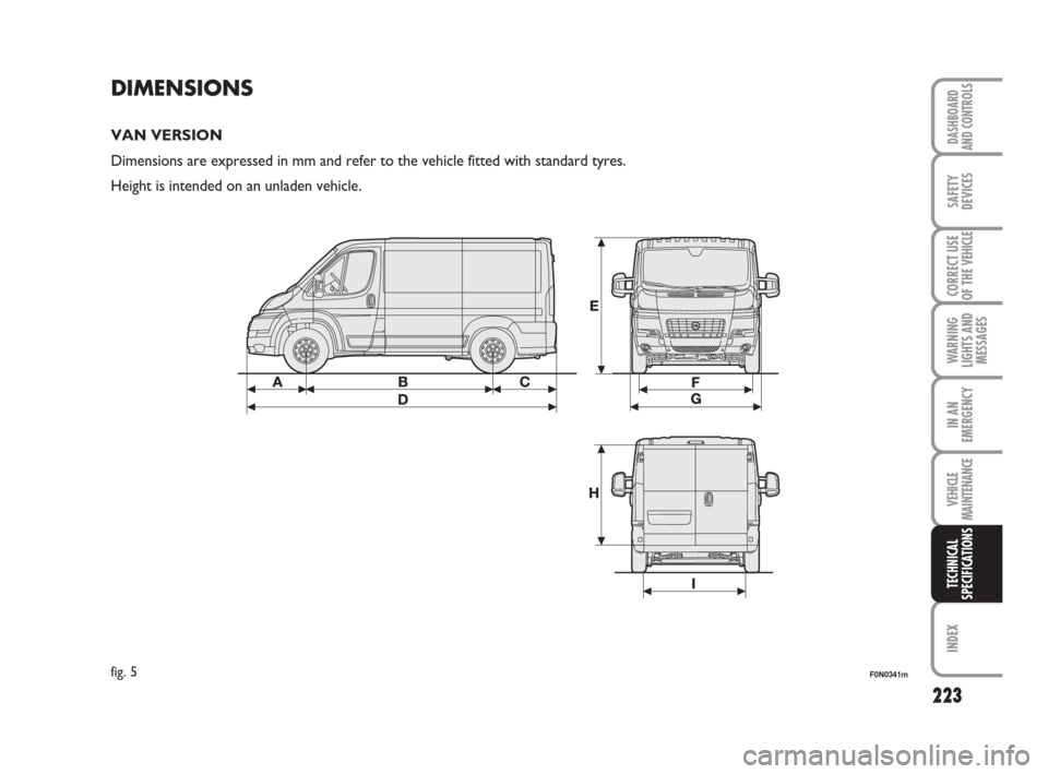 FIAT DUCATO 2007 3.G Owners Manual 223
WARNING
LIGHTS AND
MESSAGES
INDEX
DASHBOARD
AND CONTROLS
SAFETY
DEVICES
CORRECT USE
OF THE 
VEHICLE
IN AN
EMERGENCY
VEHICLE
MAINTENANCE
TECHNICAL
SPECIFICATIONS
DIMENSIONS
VAN VERSION
Dimensions a
