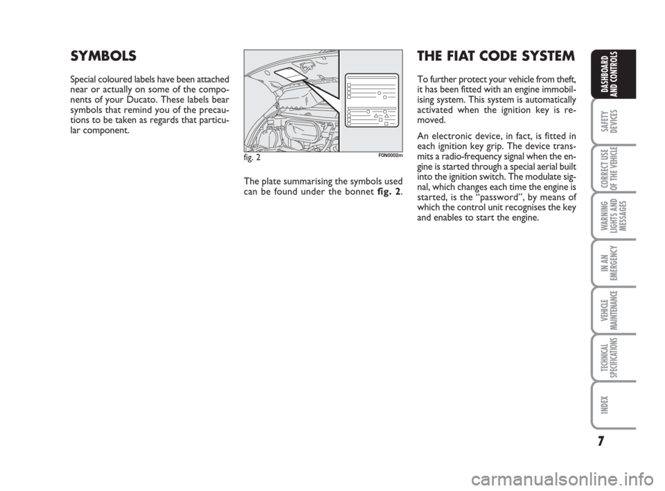 FIAT DUCATO 2007 3.G Owners Manual 7
SAFETY
DEVICES
CORRECT USE
OF THE 
VEHICLE
WARNING
LIGHTS AND
MESSAGES
IN AN
EMERGENCY
VEHICLE
MAINTENANCE
TECHNICAL
SPECIFICATIONS
INDEX
DASHBOARD
AND CONTROLS
SYMBOLS
Special coloured labels have 