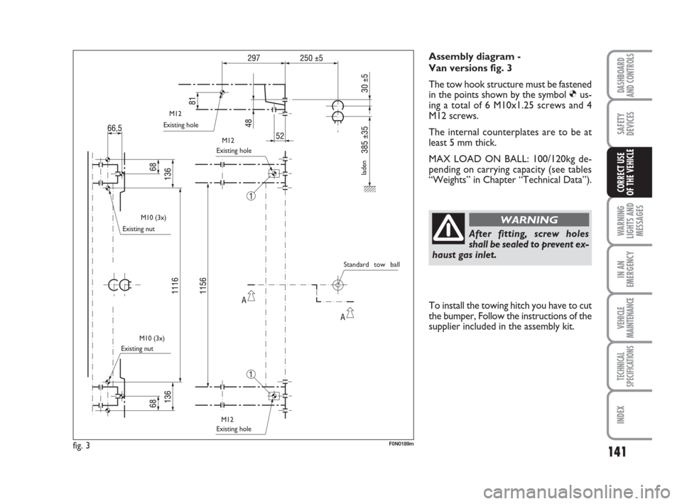FIAT DUCATO 2008 3.G Owners Manual 141
WARNING
LIGHTS AND
MESSAGES
IN AN
EMERGENCY
VEHICLE
MAINTENANCE
TECHNICAL
SPECIFICATIONS
INDEX
DASHBOARD
AND CONTROLS
SAFETY
DEVICES
CORRECT USE 
OF THE VEHICLE
Assembly diagram - 
Van versions fi