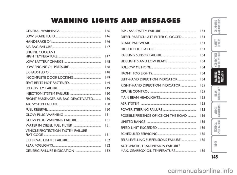 FIAT DUCATO 2008 3.G Owners Manual 145
IN AN
EMERGENCY
VEHICLE
MAINTENANCE
TECHNICAL
SPECIFICATIONS
INDEX
DASHBOARD
AND CONTROLS
SAFETY
DEVICES
CORRECT USE
OF THE 
VEHICLE
WARNING
LIGHTS AND
MESSAGES
GENERAL WARNINGS ..................