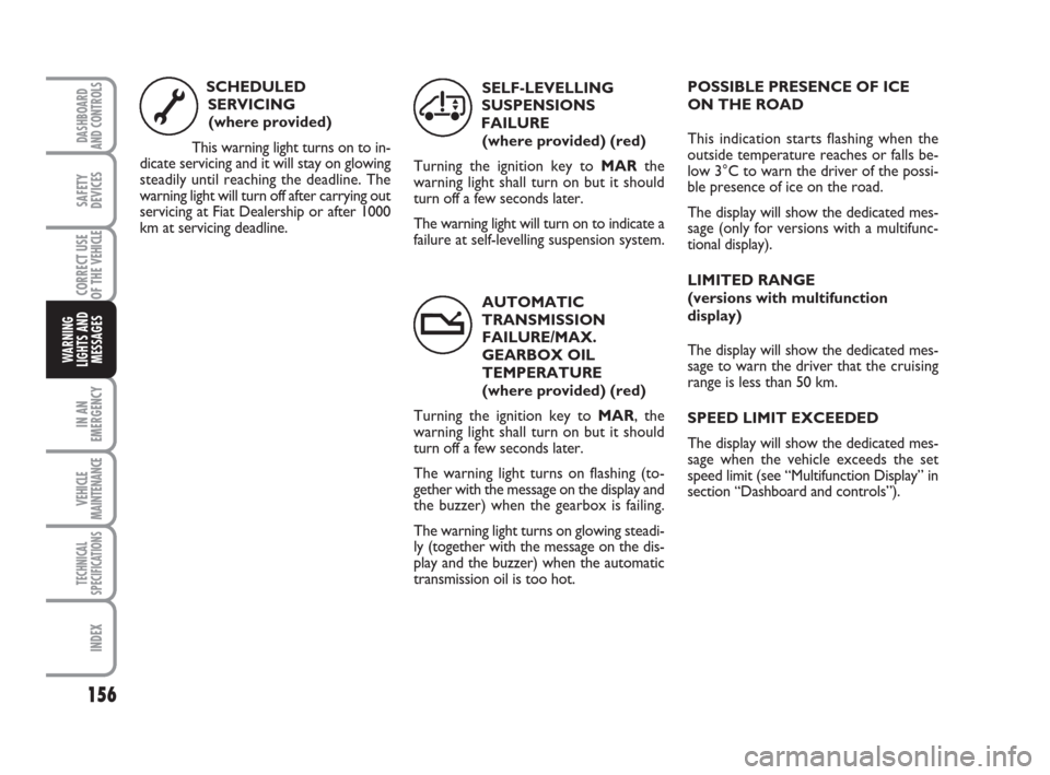 FIAT DUCATO 2008 3.G Owners Manual 156
IN AN
EMERGENCY
VEHICLE
MAINTENANCE
TECHNICAL
SPECIFICATIONS
INDEX
DASHBOARD
AND CONTROLS
SAFETY
DEVICES
CORRECT USE
OF THE 
VEHICLE
WARNING
LIGHTS AND
MESSAGES
AUTOMATIC
TRANSMISSION 
FAILURE/MAX