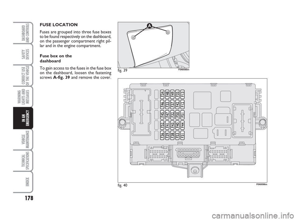 FIAT DUCATO 2008 3.G Owners Manual 178
WARNING
LIGHTS AND
MESSAGES
VEHICLE
MAINTENANCE
TECHNICAL
SPECIFICATIONS
IINDEX
DASHBOARD
AND CONTROLS
SAFETY
DEVICES
CORRECT USE
OF THE
VEHICLE
IN AN
EMERGENCY
FUSE LOCATION
Fuses are grouped in FIAT DUCATO 2008 3.G Owners Manual 178
WARNING
LIGHTS AND
MESSAGES
VEHICLE
MAINTENANCE
TECHNICAL
SPECIFICATIONS
IINDEX
DASHBOARD
AND CONTROLS
SAFETY
DEVICES
CORRECT USE
OF THE
VEHICLE
IN AN
EMERGENCY
FUSE LOCATION
Fuses are grouped in