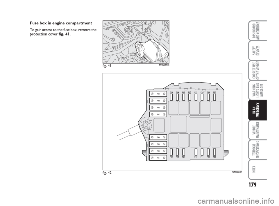 FIAT DUCATO 2008 3.G Owners Manual 179
WARNING
LIGHTS AND
MESSAGES
VEHICLE
MAINTENANCE
TECHNICAL
SPECIFICATIONS
INDEX
DASHBOARD
AND CONTROLS
SAFETY
DEVICES
CORRECT USE
OF THE
VEHICLE
IN AN
EMERGENCY
fig. 42F0N0097m
fig. 41F0N0098m
Fus FIAT DUCATO 2008 3.G Owners Manual 179
WARNING
LIGHTS AND
MESSAGES
VEHICLE
MAINTENANCE
TECHNICAL
SPECIFICATIONS
INDEX
DASHBOARD
AND CONTROLS
SAFETY
DEVICES
CORRECT USE
OF THE
VEHICLE
IN AN
EMERGENCY
fig. 42F0N0097m
fig. 41F0N0098m
Fus