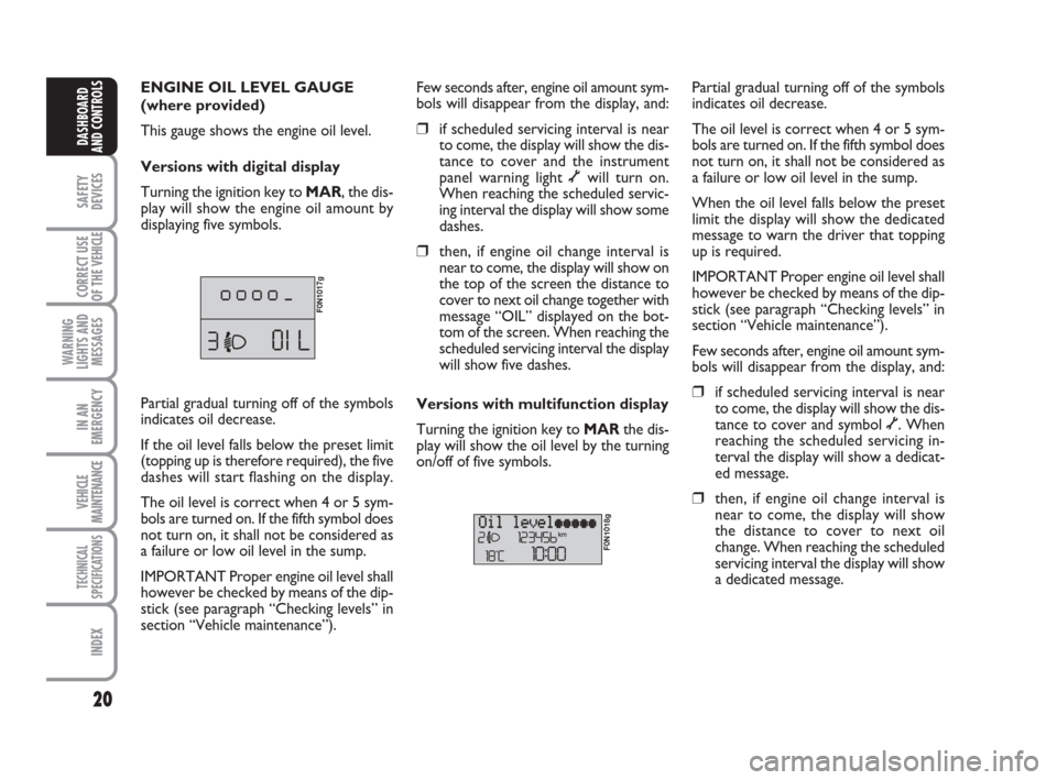 FIAT DUCATO 2008 3.G User Guide 20
SAFETY
DEVICES
CORRECT USE
OF THE 
VEHICLE
WARNING
LIGHTS AND
MESSAGES
IN AN
EMERGENCY
VEHICLE
MAINTENANCE
TECHNICAL
SPECIFICATIONS
INDEX
DASHBOARD
AND CONTROLS
ENGINE OIL LEVEL GAUGE
(where provid