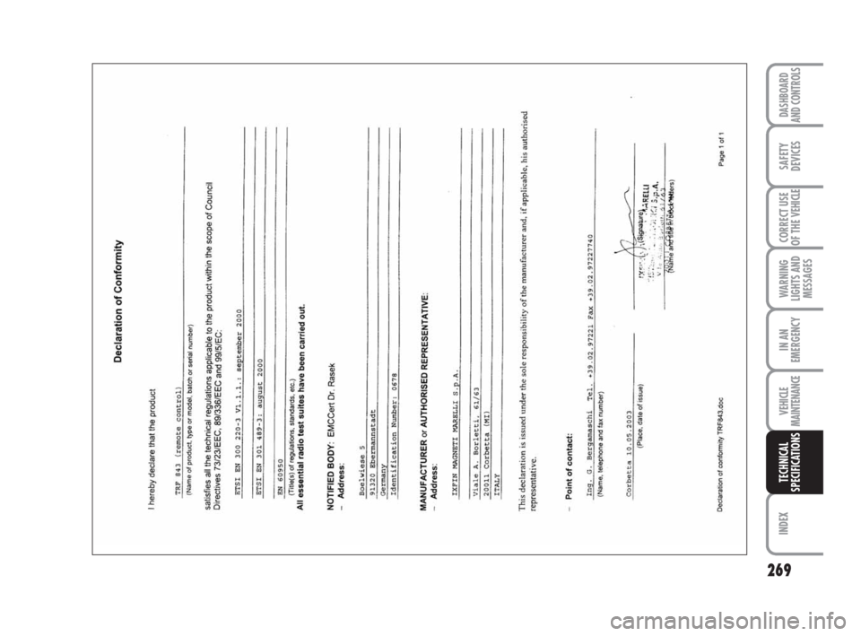 FIAT DUCATO 2008 3.G Owners Manual 269
WARNING
LIGHTS AND
MESSAGES
INDEX
DASHBOARD
AND CONTROLS
SAFETY
DEVICES
CORRECT USE
OF THE
VEHICLE
IN AN
EMERGENCY
VEHICLE
MAINTENANCE
TECHNICAL
SPECIFICATIONS FIAT DUCATO 2008 3.G Owners Manual 269
WARNING
LIGHTS AND
MESSAGES
INDEX
DASHBOARD
AND CONTROLS
SAFETY
DEVICES
CORRECT USE
OF THE
VEHICLE
IN AN
EMERGENCY
VEHICLE
MAINTENANCE
TECHNICAL
SPECIFICATIONS