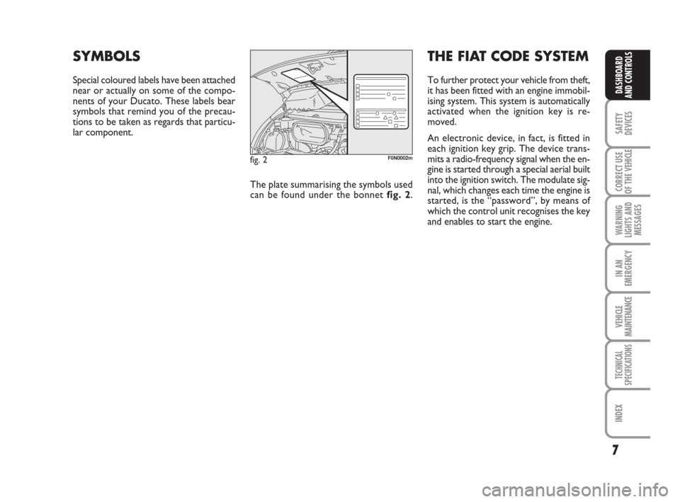FIAT DUCATO 2008 3.G Owners Manual 7
SAFETY
DEVICES
CORRECT USE
OF THE 
VEHICLE
WARNING
LIGHTS AND
MESSAGES
IN AN
EMERGENCY
VEHICLE
MAINTENANCE
TECHNICAL
SPECIFICATIONS
INDEX
DASHBOARD
AND CONTROLS
SYMBOLS
Special coloured labels have 