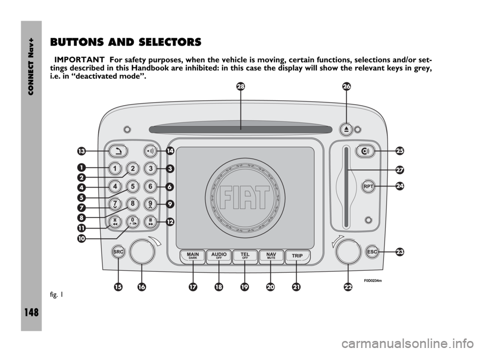 FIAT DUCATO 244 2002 3.G Connect NavPlus Manual CONNECT Nav+
148
BUTTONS AND SELECTORS
IMPORTANT For safety purposes, when the vehicle is moving, certain functions, selections and/or set-
tings described in this Handbook are inhibited: in this case FIAT DUCATO 244 2002 3.G Connect NavPlus Manual CONNECT Nav+
148
BUTTONS AND SELECTORS
IMPORTANT For safety purposes, when the vehicle is moving, certain functions, selections and/or set-
tings described in this Handbook are inhibited: in this case