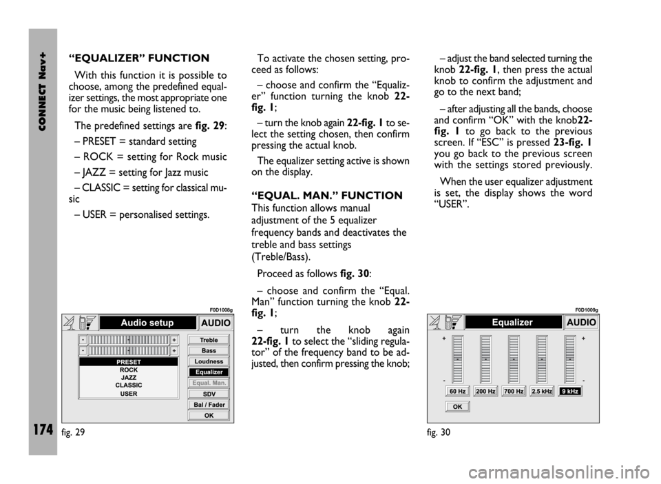 FIAT DUCATO 244 2002 3.G Connect NavPlus Manual CONNECT Nav+
174
“EQUALIZER” FUNCTION
With this function it is possible to
choose, among the predefined equal-
izer settings, the most appropriate one
for the music being listened to.
The predefin FIAT DUCATO 244 2002 3.G Connect NavPlus Manual CONNECT Nav+
174
“EQUALIZER” FUNCTION
With this function it is possible to
choose, among the predefined equal-
izer settings, the most appropriate one
for the music being listened to.
The predefin