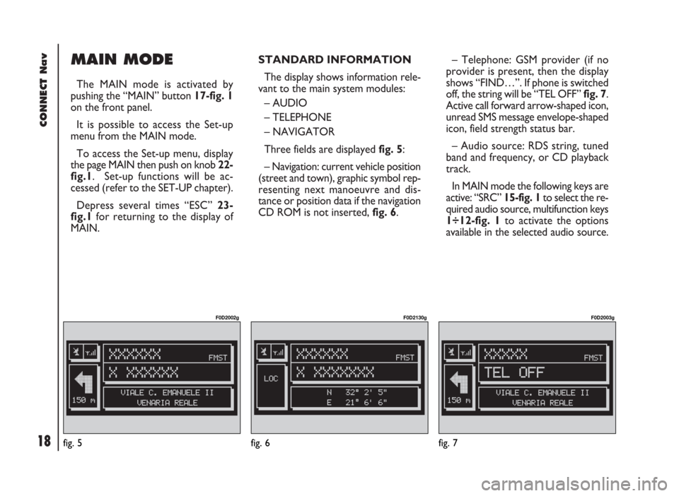 FIAT DUCATO 244 2002 3.G Connect NavPlus Manual CONNECT Nav
18
MAIN MODE
The MAIN mode is activated by
pushing the “MAIN” button 17-fig. 1
on the front panel. 
It is possible to access the Set-up
menu from the MAIN mode.
To access the Set-up me