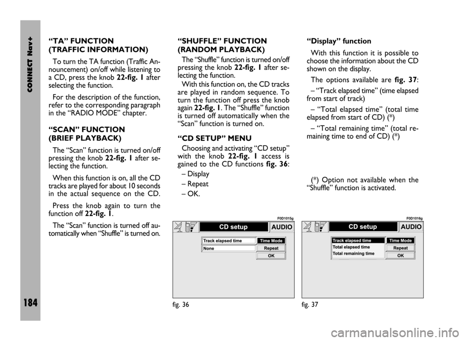 FIAT DUCATO 244 2002 3.G Connect NavPlus Manual CONNECT Nav+
184
“TA” FUNCTION
(TRAFFIC INFORMATION)
To turn the TA function (Traffic An-
nouncement) on/off while listening to
a CD, press the knob 22-fig. 1after
selecting the function.
For the FIAT DUCATO 244 2002 3.G Connect NavPlus Manual CONNECT Nav+
184
“TA” FUNCTION
(TRAFFIC INFORMATION)
To turn the TA function (Traffic An-
nouncement) on/off while listening to
a CD, press the knob 22-fig. 1after
selecting the function.
For the