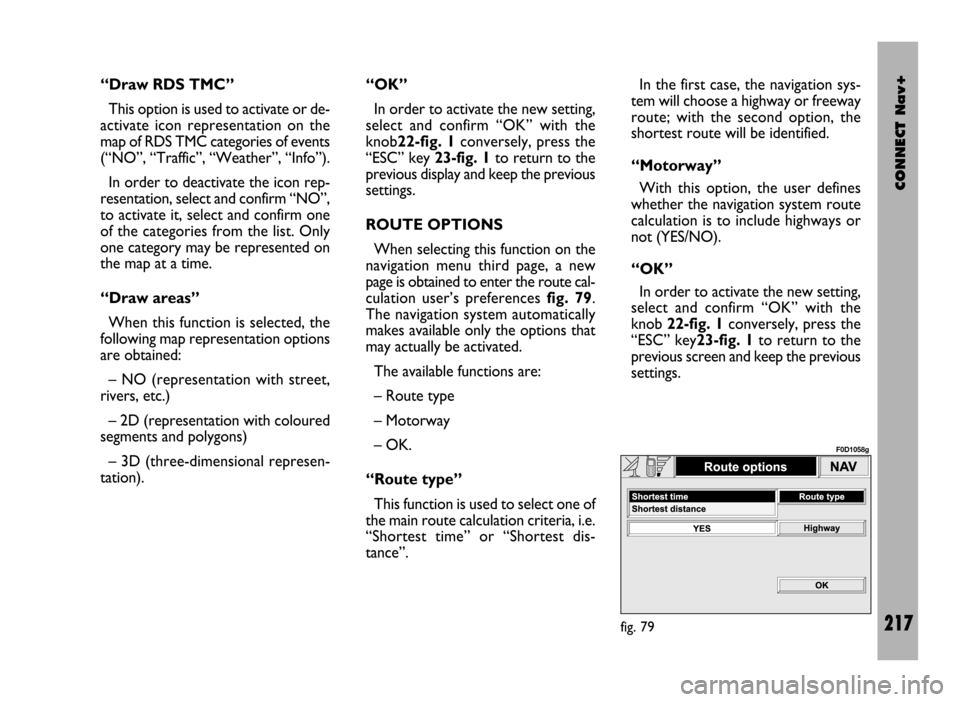 FIAT DUCATO 244 2002 3.G Connect NavPlus Manual CONNECT Nav+
217
“Draw RDS TMC”
This option is used to activate or de-
activate icon representation on the
map of RDS TMC categories of events
(“NO”, “Traffic”, “Weather”, “Info”). FIAT DUCATO 244 2002 3.G Connect NavPlus Manual CONNECT Nav+
217
“Draw RDS TMC”
This option is used to activate or de-
activate icon representation on the
map of RDS TMC categories of events
(“NO”, “Traffic”, “Weather”, “Info”).