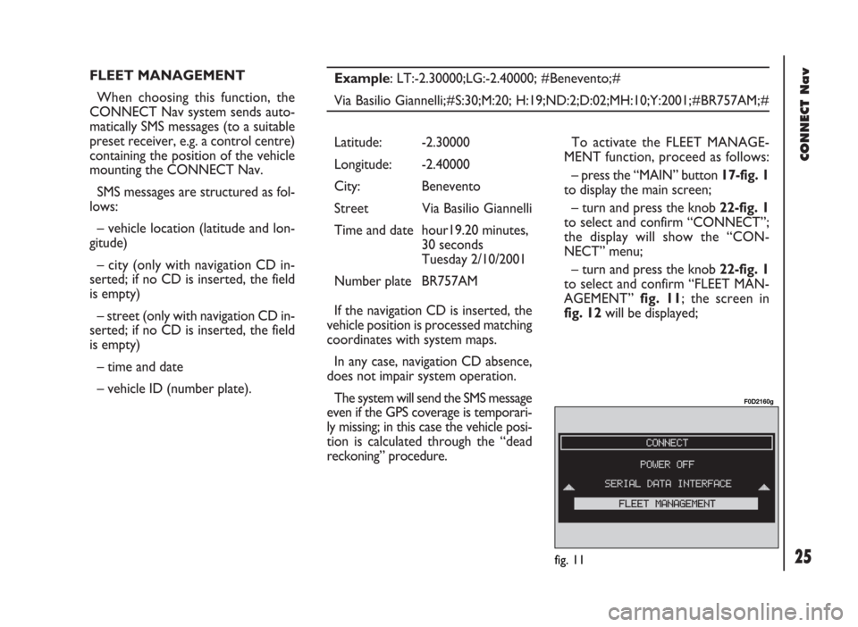 FIAT DUCATO 244 2002 3.G Connect NavPlus Manual CONNECT Nav
25
FLEET MANAGEMENT
When choosing this function, the
CONNECT Nav system sends auto-
matically SMS messages (to a suitable
preset receiver, e.g. a control centre)
containing the position of