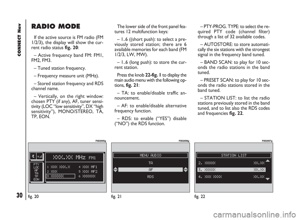 FIAT DUCATO 244 2002 3.G Connect NavPlus Manual CONNECT Nav
30
RADIO MODE
If the active source is FM radio (FM
1/2/3), the display will show the cur-
rent radio status fig. 20:
– Active frequency band FM: FM1,
FM2, FM3.
– Tuned station frequenc FIAT DUCATO 244 2002 3.G Connect NavPlus Manual CONNECT Nav
30
RADIO MODE
If the active source is FM radio (FM
1/2/3), the display will show the cur-
rent radio status fig. 20:
– Active frequency band FM: FM1,
FM2, FM3.
– Tuned station frequenc