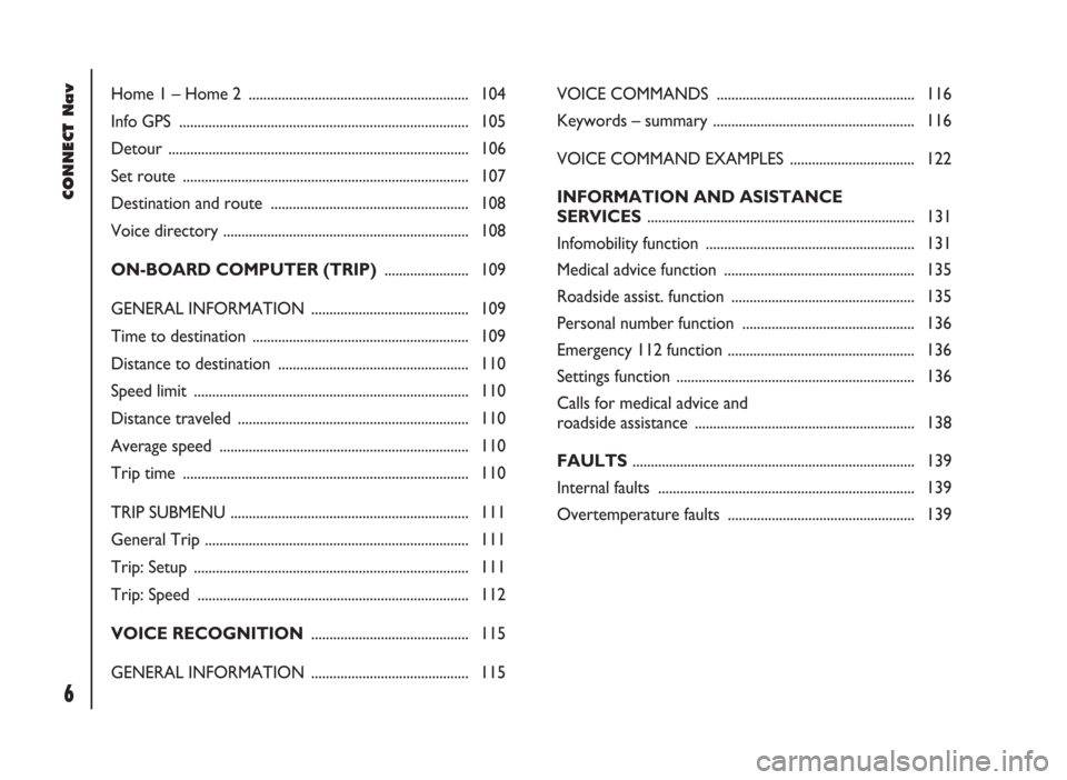 FIAT DUCATO 244 2002 3.G Connect NavPlus Manual CONNECT Nav
6
Home 1 – Home 2  ............................................................ 104
Info GPS  ............................................................................... 105
Detour .