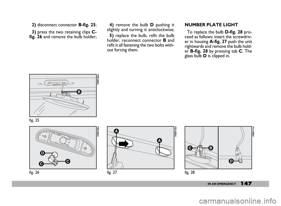 FIAT DUCATO 244 2005 3.G Owners Manual 147IN AN EMERGENCY
NUMBER PLATE LIGHT
To replace the bulb D-fig. 28pro-
ceed as follows: insert the screwdriv-
er in housing A-fig. 27push the unit
rightwards and remove the bulb hold-
er B-fig. 28by 