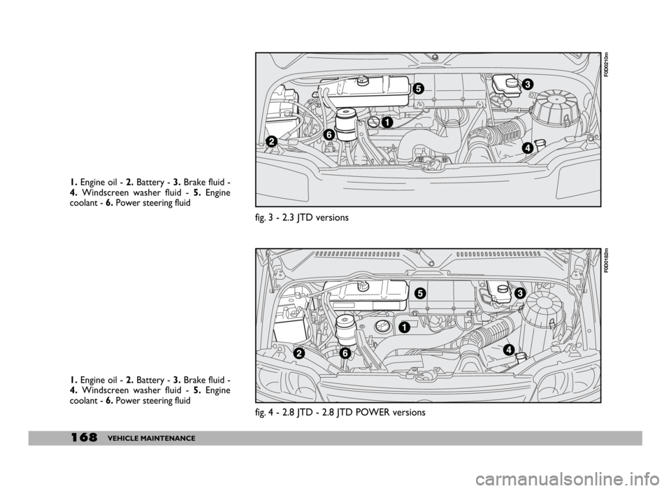 FIAT DUCATO 244 2005 3.G User Guide 168VEHICLE MAINTENANCE
1. Engine oil - 2. Battery - 3. Brake fluid - 
4. Windscreen washer fluid - 5. Engine
coolant - 6. Power steering fluid
1. Engine oil - 2. Battery - 3. Brake fluid - 
4. Windscr