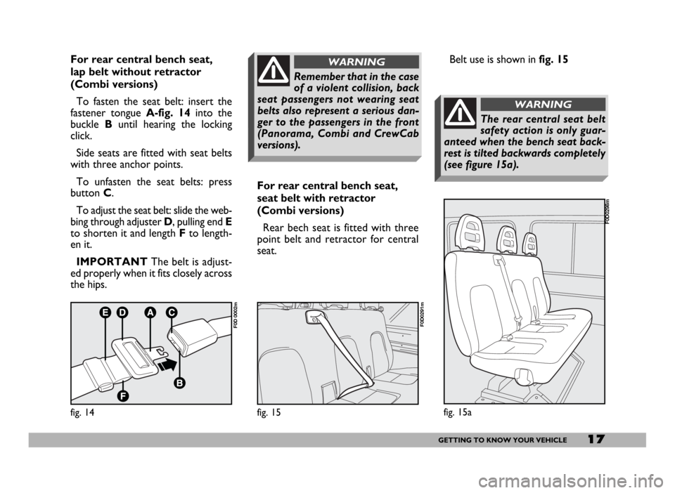 FIAT DUCATO 244 2005 3.G User Guide 17GETTING TO KNOW YOUR VEHICLE
For rear central bench seat, 
lap belt without retractor
(Combi versions)
To fasten the seat belt: insert the
fastener tongue A-fig. 14into the
buckle Buntil hearing the