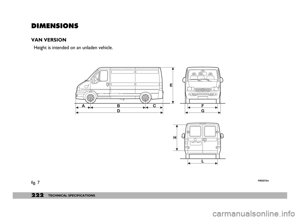 FIAT DUCATO 244 2005 3.G Owners Manual 222TECHNICAL SPECIFICATIONS
DIMENSIONS
VAN VERSION
Height is intended on an unladen vehicle.
fig. 7F0D0272m 