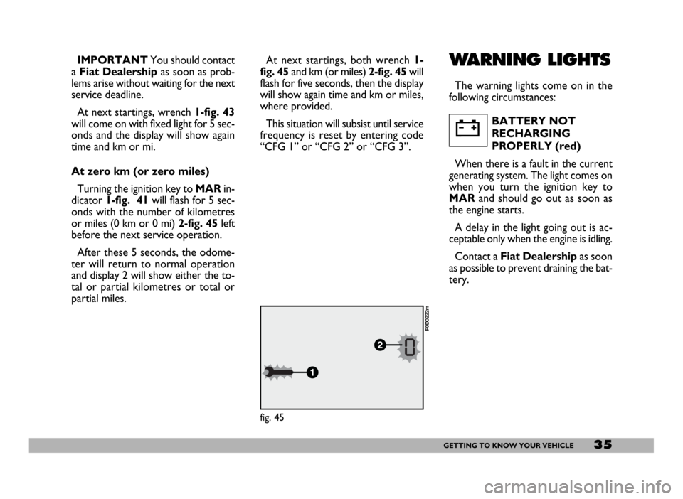 FIAT DUCATO 244 2005 3.G Owners Guide 35GETTING TO KNOW YOUR VEHICLE
WARNING LIGHTS
The warning lights come on in the
following circumstances:
BATTERY NOT
RECHARGING 
PROPERLY (red) 
When there is a fault in the current
generating system.