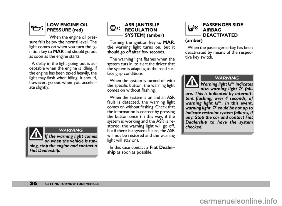 FIAT DUCATO 244 2005 3.G User Guide 36GETTING TO KNOW YOUR VEHICLE
LOW ENGINE OIL
PRESSURE (red) 
When the engine oil pres-
sure falls below the normal level. The
light comes on when you turn the ig-
nition key to MARand should go out
a
