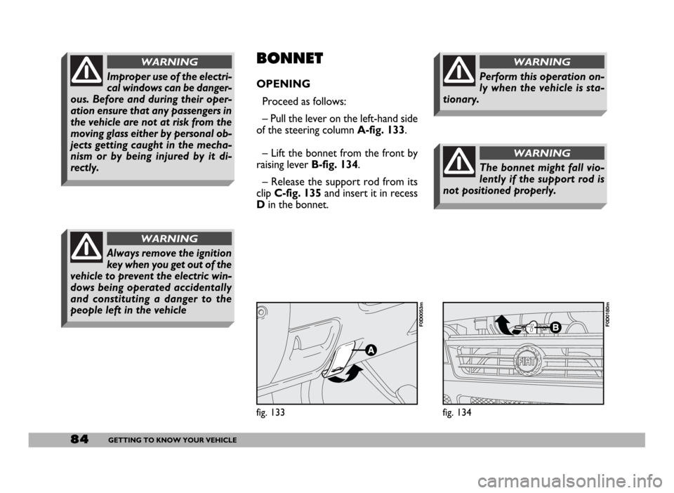 FIAT DUCATO 244 2005 3.G Owners Manual 84GETTING TO KNOW YOUR VEHICLE
Improper use of the electri-
cal windows can be danger-
ous. Before and during their oper-
ation ensure that any passengers in
the vehicle are not at risk from the
movin