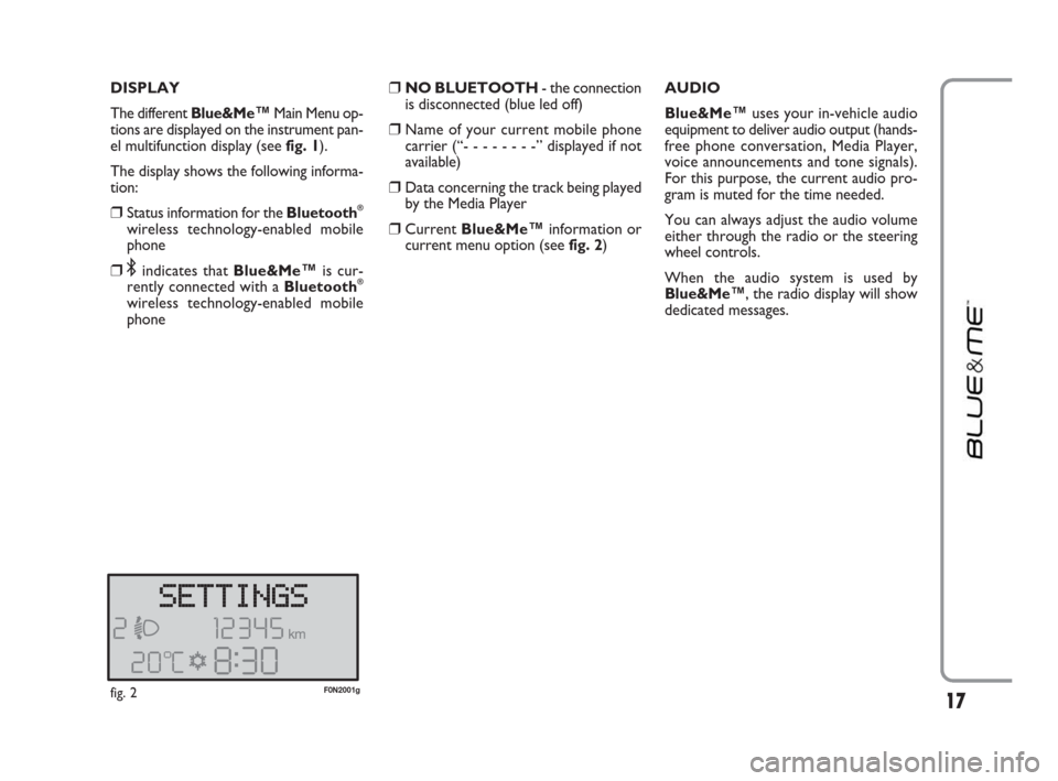 FIAT DUCATO 250 2009 3.G Blue And Me Manual DISPLAY 
The different Blue&Me
™Main Menu op-
tions are displayed on the instrument pan-
el multifunction display (see fig. 1).
The display shows the following informa-
tion:
❒Status information f