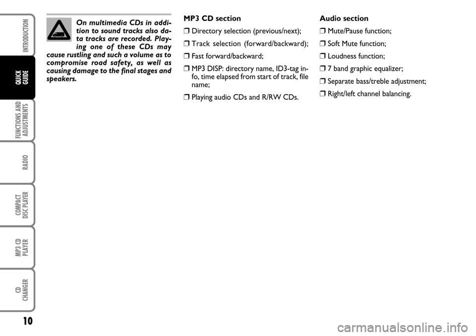 FIAT DUCATO 250 2007 3.G Radio CD MP3 Manual 10FUNCTIONS AND
ADJUSTMENTSRADIOCOMPACT
DISC PLAYERMP3 CD
PLAYERCD
CHANGERINTRODUCTIONQUICK
GUIDE
Audio section❒
Mute/Pause function;
❒
Soft Mute function;
❒
Loudness function;
❒
7 band graphi