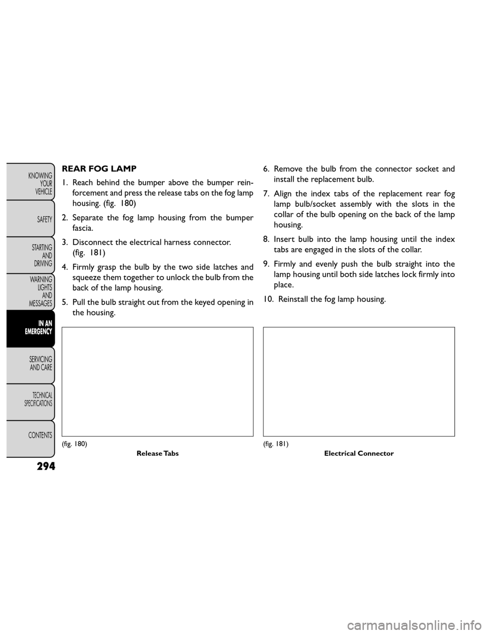 FIAT FREEMONT 2014 1.G Owners Manual REAR FOG LAMP
1.
Reach behind the bumper above the bumper rein-
forcement and press the release tabs on the fog lamp
housing.
(fig. 180)
2. Separate the fog lamp housing from the bumper fascia.
3. Dis