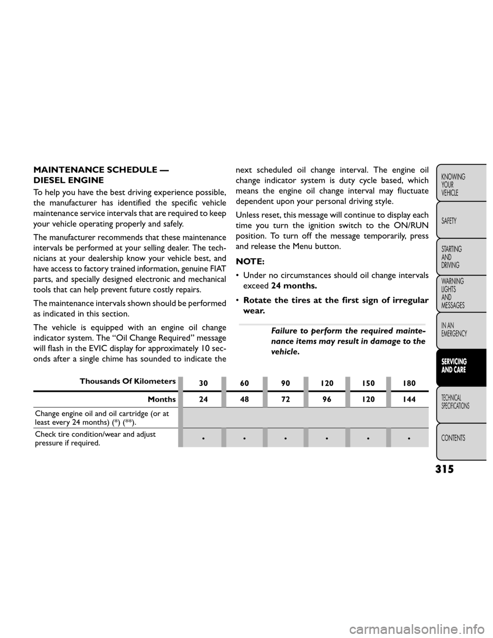 FIAT FREEMONT 2014 1.G Owners Manual MAINTENANCE SCHEDULE —
DIESEL ENGINE
To help you have the best driving experience possible,
the manufacturer has identified the specific vehicle
maintenance service intervals that are required to ke