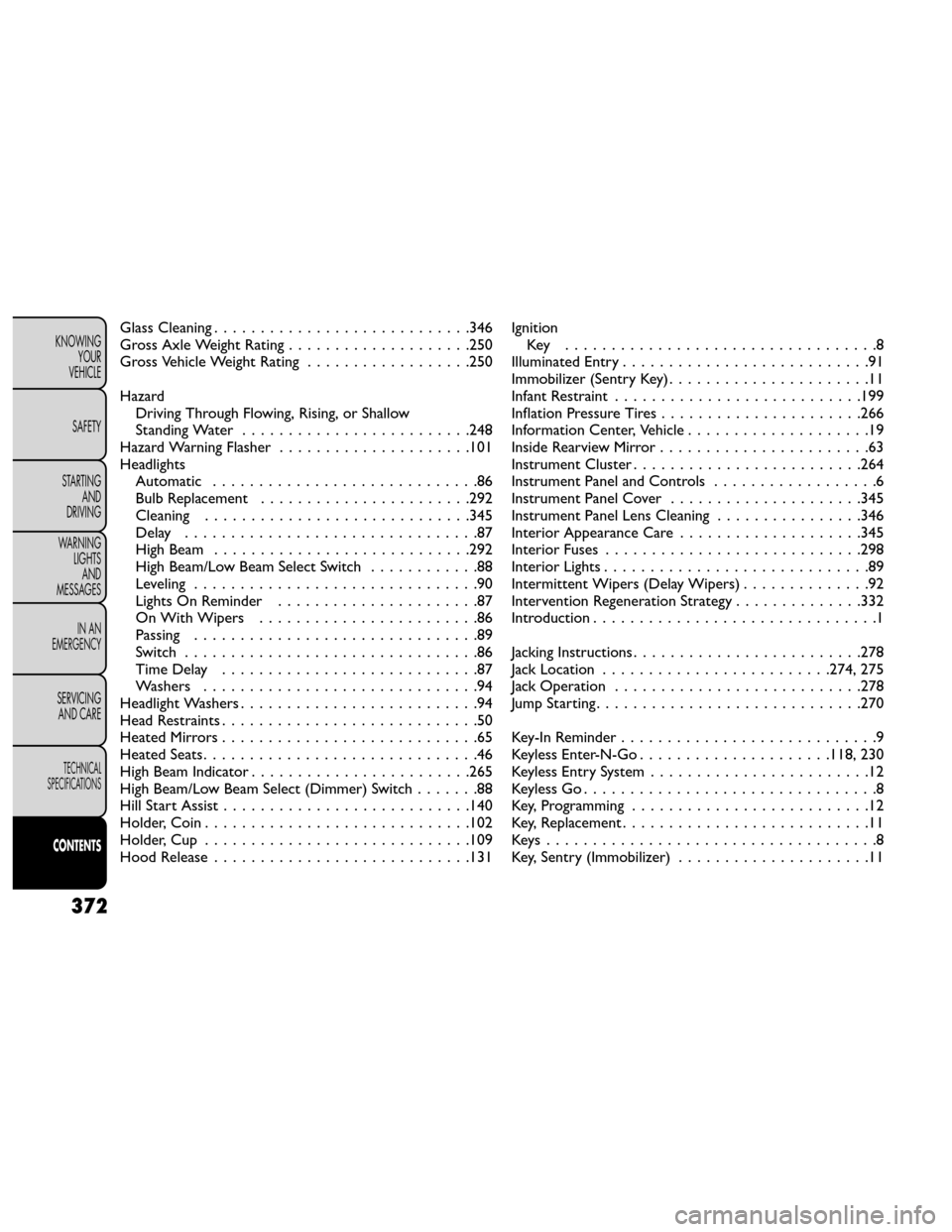 FIAT FREEMONT 2014 1.G User Guide Glass Cleaning............................346
Gross Axle Weight Rating ....................250
Gross Vehicle Weight Rating ..................250
Hazard Driving Through Flowing, Rising, or Shallow
Stan