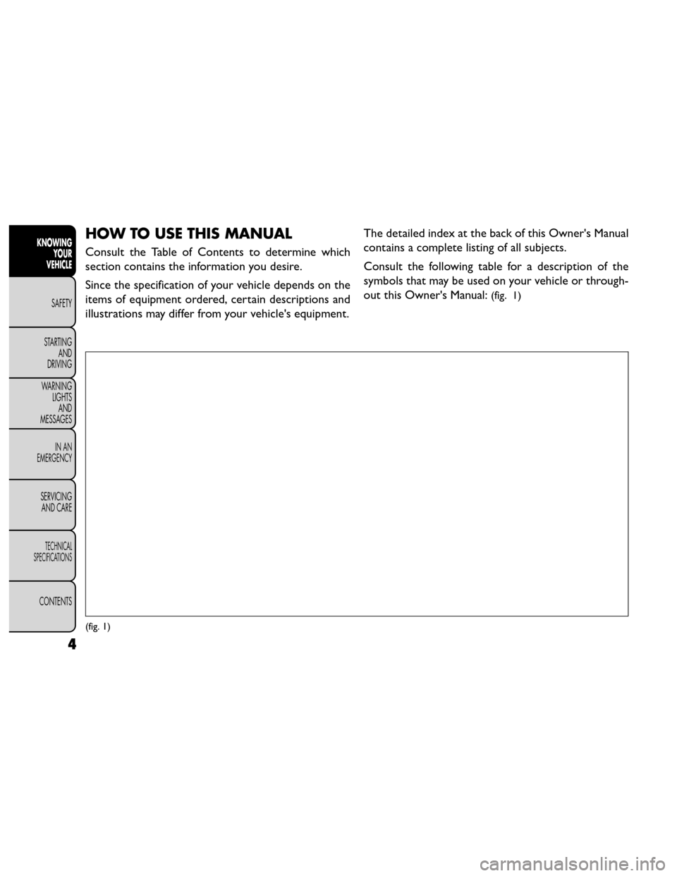 FIAT FREEMONT 2014 1.G Owners Manual HOW TO USE THIS MANUAL
Consult the Table of Contents to determine which
section contains the information you desire.
Since the specification of your vehicle depends on the
items of equipment ordered, FIAT FREEMONT 2014 1.G Owners Manual HOW TO USE THIS MANUAL
Consult the Table of Contents to determine which
section contains the information you desire.
Since the specification of your vehicle depends on the
items of equipment ordered,