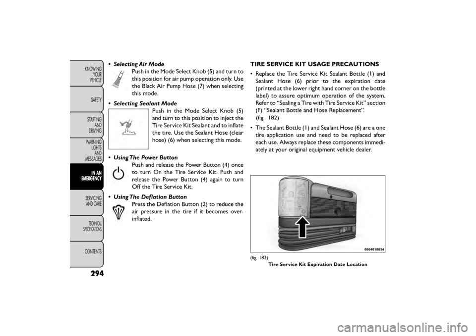 FIAT FREEMONT 2015 1.G Owners Manual • Selecting Air ModePush in the Mode Select Knob (5) and turn to
this position for air pump operation only. Use
the Black Air Pump Hose (7) when selecting
this mode.
• Selecting Sealant Mode Push FIAT FREEMONT 2015 1.G Owners Manual • Selecting Air ModePush in the Mode Select Knob (5) and turn to
this position for air pump operation only. Use
the Black Air Pump Hose (7) when selecting
this mode.
• Selecting Sealant Mode Push
