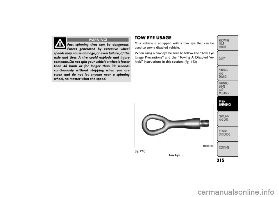 FIAT FREEMONT 2015 1.G Owners Manual WARNING!
Fast spinning tires can be dangerous.
Forc es
generated by excessive wheel
speeds may cause damage, or even failure, of the
axle and tires. A tire could explode and injure
someone. Do not sp FIAT FREEMONT 2015 1.G Owners Manual WARNING!
Fast spinning tires can be dangerous.
Forc es
generated by excessive wheel
speeds may cause damage, or even failure, of the
axle and tires. A tire could explode and injure
someone. Do not sp