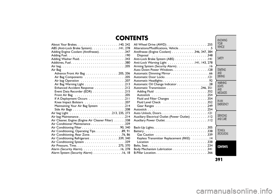 FIAT FREEMONT 2015 1.G Service Manual CONTENTS
About Your Brakes..................... .140, 242
ABS (Anti-Lock Brake System) . . . . . .........141, 278
Adding Engine Coolant (Antifreeze) . . ............347
Adding Fuel ..................