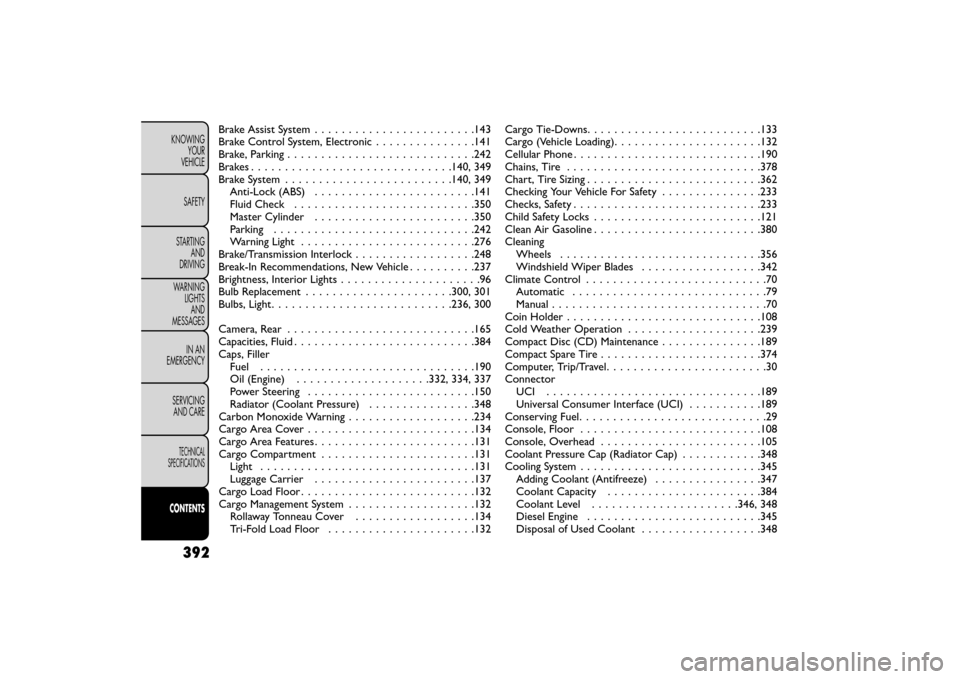 FIAT FREEMONT 2015 1.G Service Manual Brake Assist System . . . . . . ..................143
Brake Control System, Electronic ...............141
Brake, Parking ........................... .242
Brakes . . . . . . . . . . . . . . . . . .....