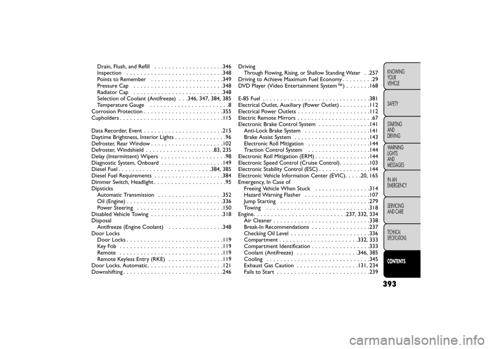 FIAT FREEMONT 2015 1.G Owners Manual Drain, Flush, and Refill . . . . . . . .............346
Inspection ........................... .348
Points to Remember . . . . . . . . . ............349
Pressure Cap . . . . . . . . . . . . . . . ....